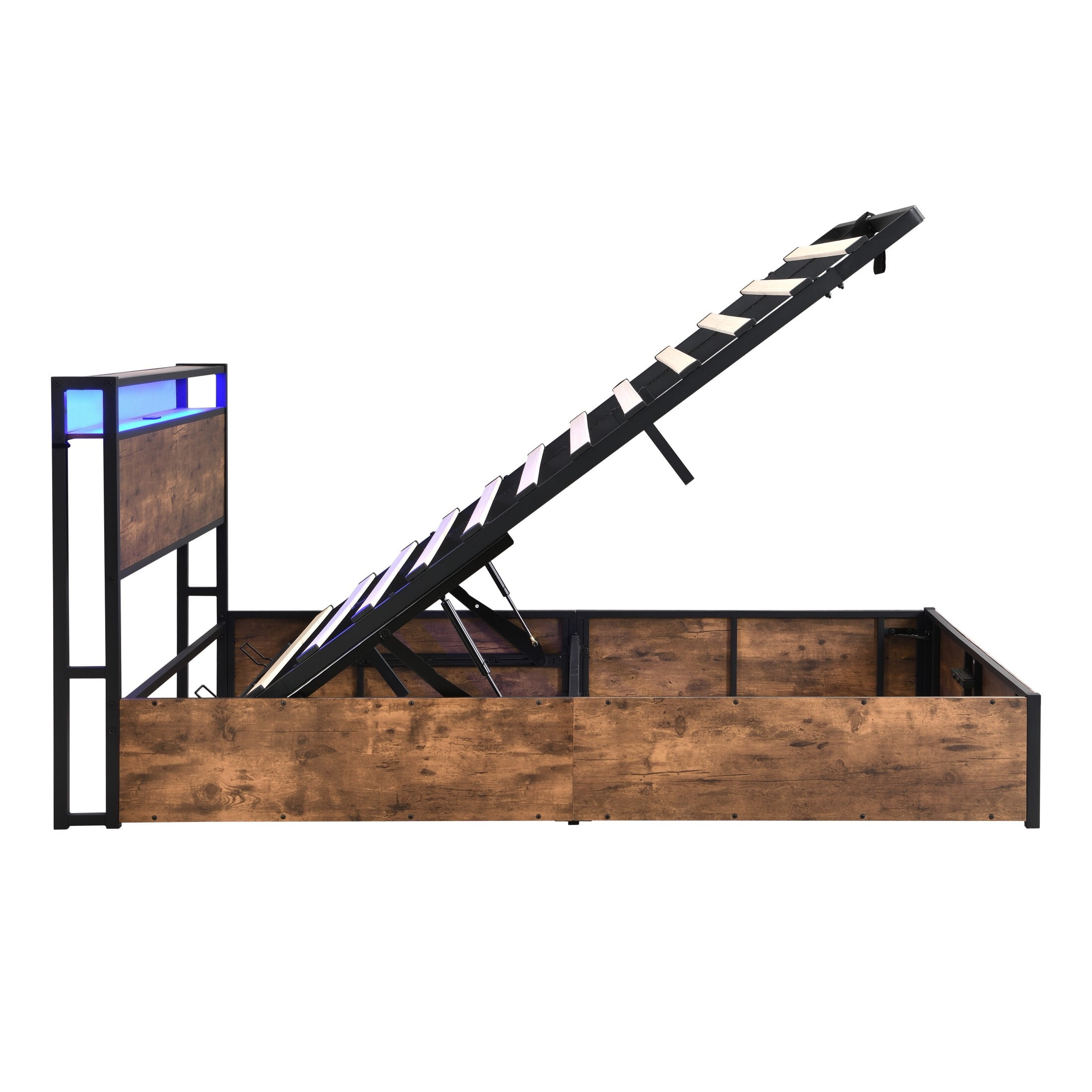 AENKYO Lift-up Storage Bed Full Size Bed Frame with LED Lights, Platform Bed Frame with Charging Station, Rustic Brown