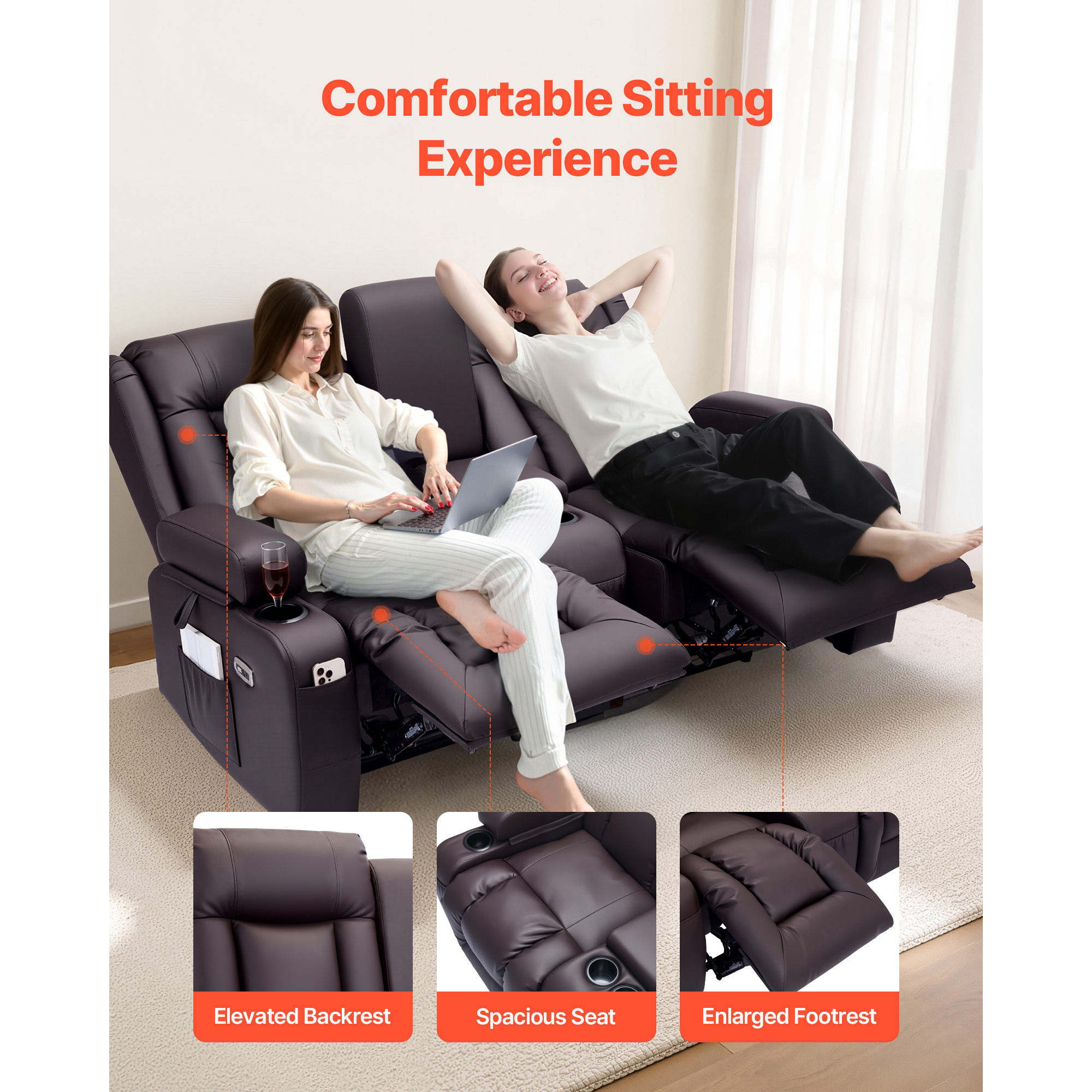 KFFKFF Reclining Loveseat Sofa with Heating, Massage, and Timer, PU Leather Electric Couch with Center Console, USB Ports, Cup Holders, and Side Pockets for Living Room
