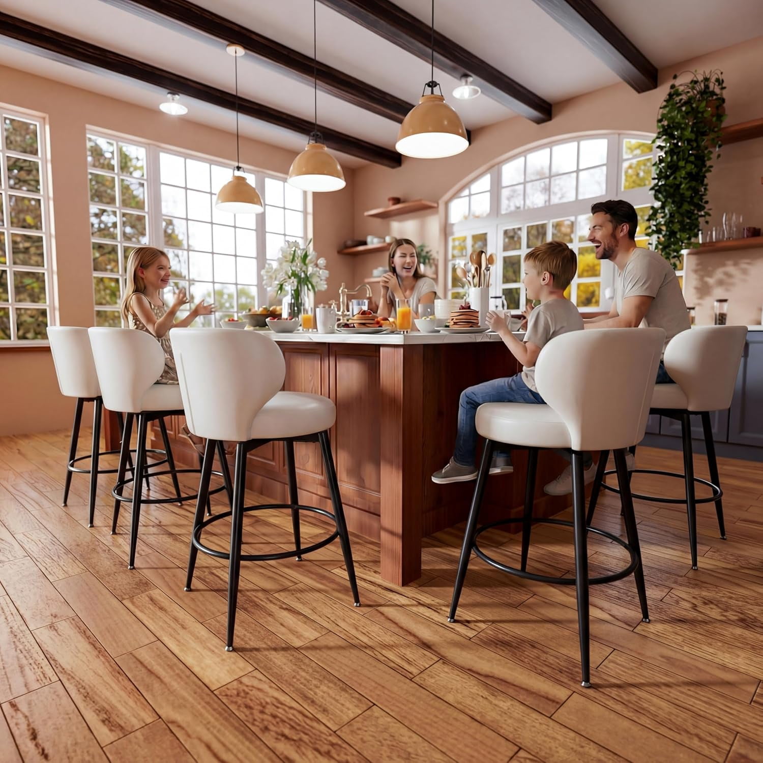 HomeZeer Bar Stools Set of 6, 26" Counter Height 360° Swivel with Low Back, PU Leather Upholstered Round Seat, 300lb Capacity Metal Legs for Kitchen Island, Dining& Bar, White
