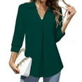 thumbnail image 2 of ZHENHONG T Shirts for Women,Loose V Neck 3/4 Sleeve Drop Shoulder Tops Solid Color Turn Down Collar Tshirts,Green Women Blouses, 2 of 8