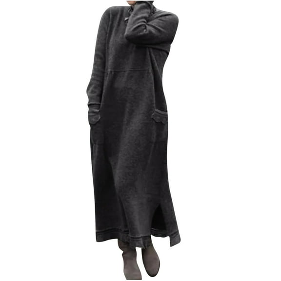 Whlbf Women's Plus Size Dresses Round Neck Winter Warm Color Long Sleeve Pocket Long Dress