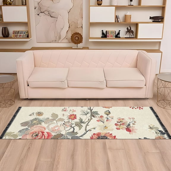 Boho Flowers Runner Rug Non-Slip Area Rugs Linen Washable Non Shedding for Kitchen Bedroom Carpet