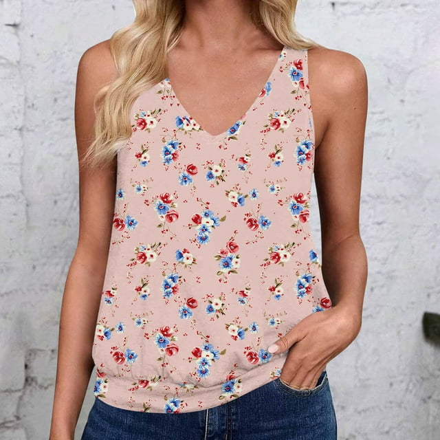Débardeurs pour Femmes Sans Manches Imprimé Floral Col en V T-shirt Rose TTG