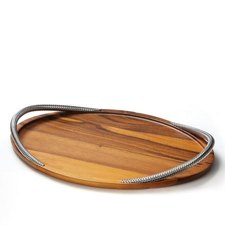 Nambe Braid Wood Serving Tray With Chrome Handles