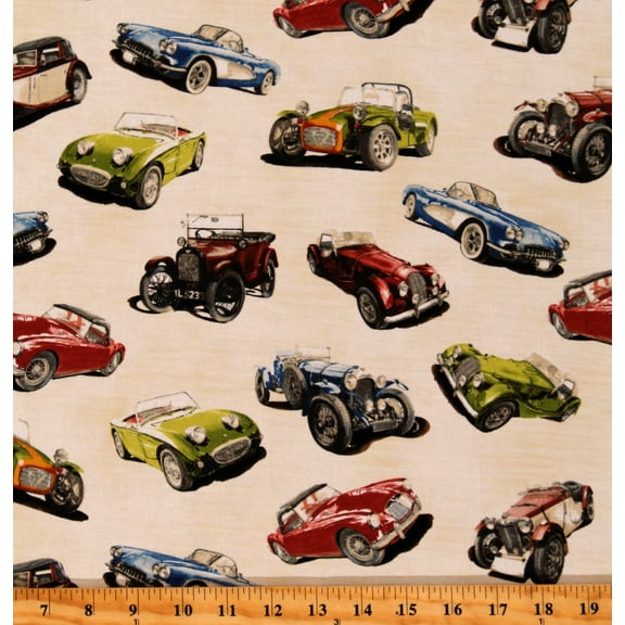 Cotton Classic Cars Retro Vintage Automobiles Model T Panther De Ville Classic Cruisers Cream Cotton Fabric Print by the Yard (AIM-14440-199ANTIQUE)