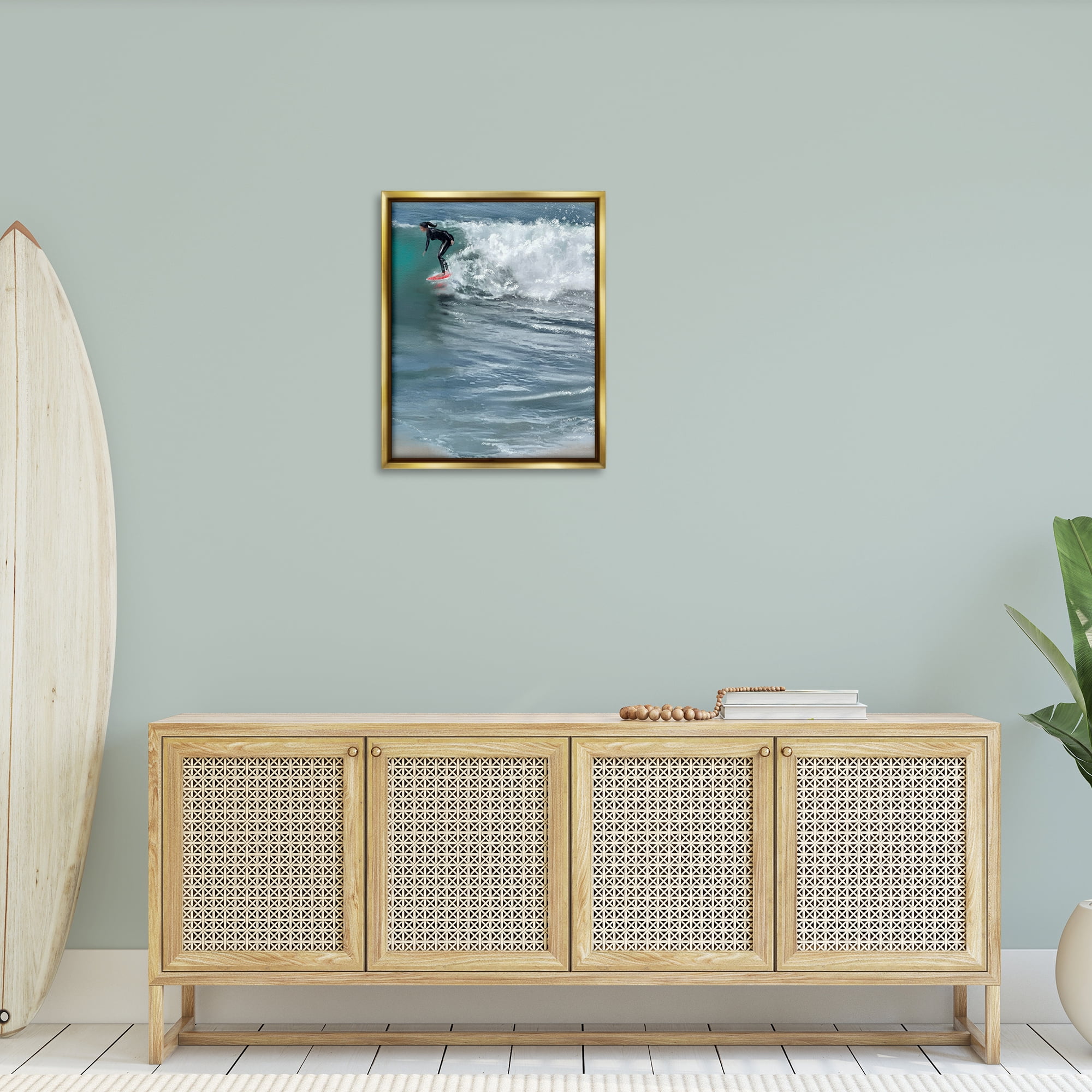 Stupell Industries Cali Surfer Girl Sports Painting Gold Floater Framed Canvas Art Print Wall Art, 25 x 31