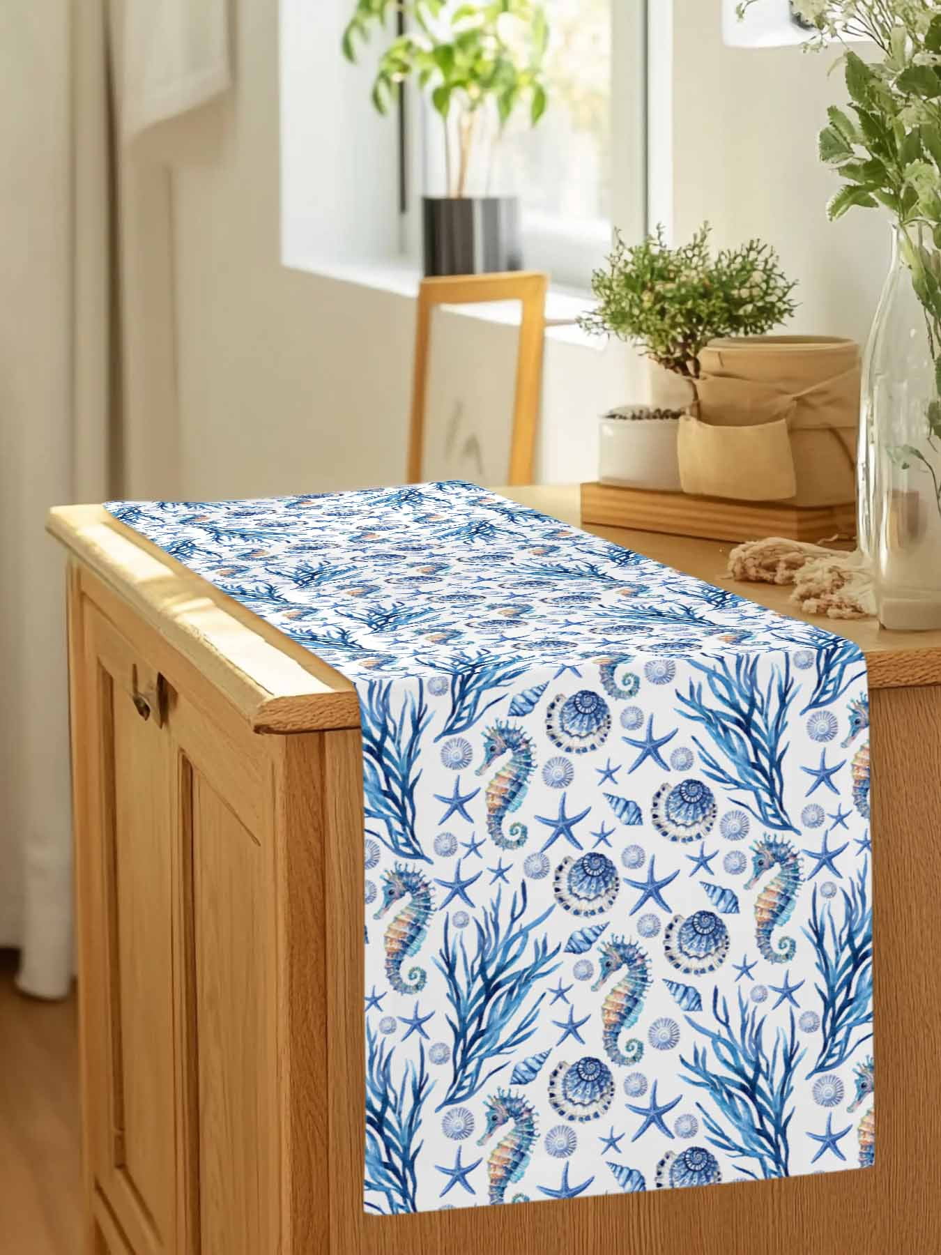 Summer Seahorse Coral Starfish Conch Table Runner 90 Inches Long, Seamless Blue Marine Life Table Runners Tabletop Scarf Kitchen Dining Tables Decoration for Home Party Indoor Outdoor