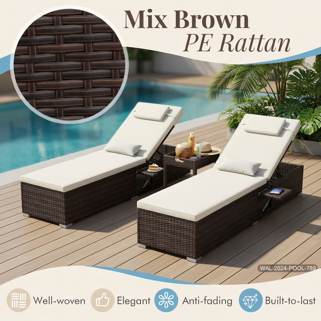 Hommoo 2-Piece Outdoor Chaise Lounge Set with Adjustable Backrest, Cushions, PE Rattan & Steel Frame, Poolside, Patio, Balcony Ready, Off-White