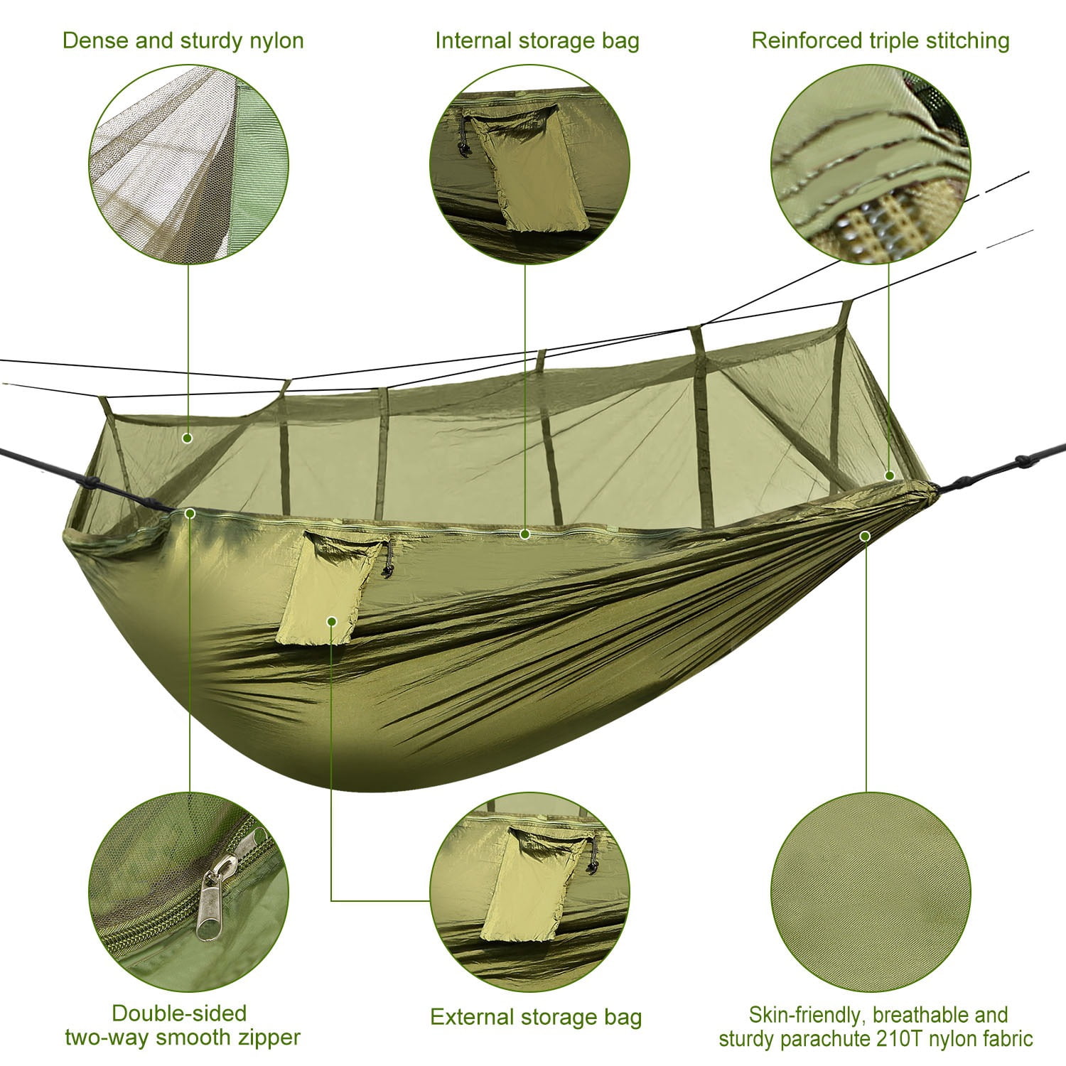 Moclever 2 Persons Camping Hammock, Nylon Swing Hanging Bed 600lbs Load with Mosquito Net, Green