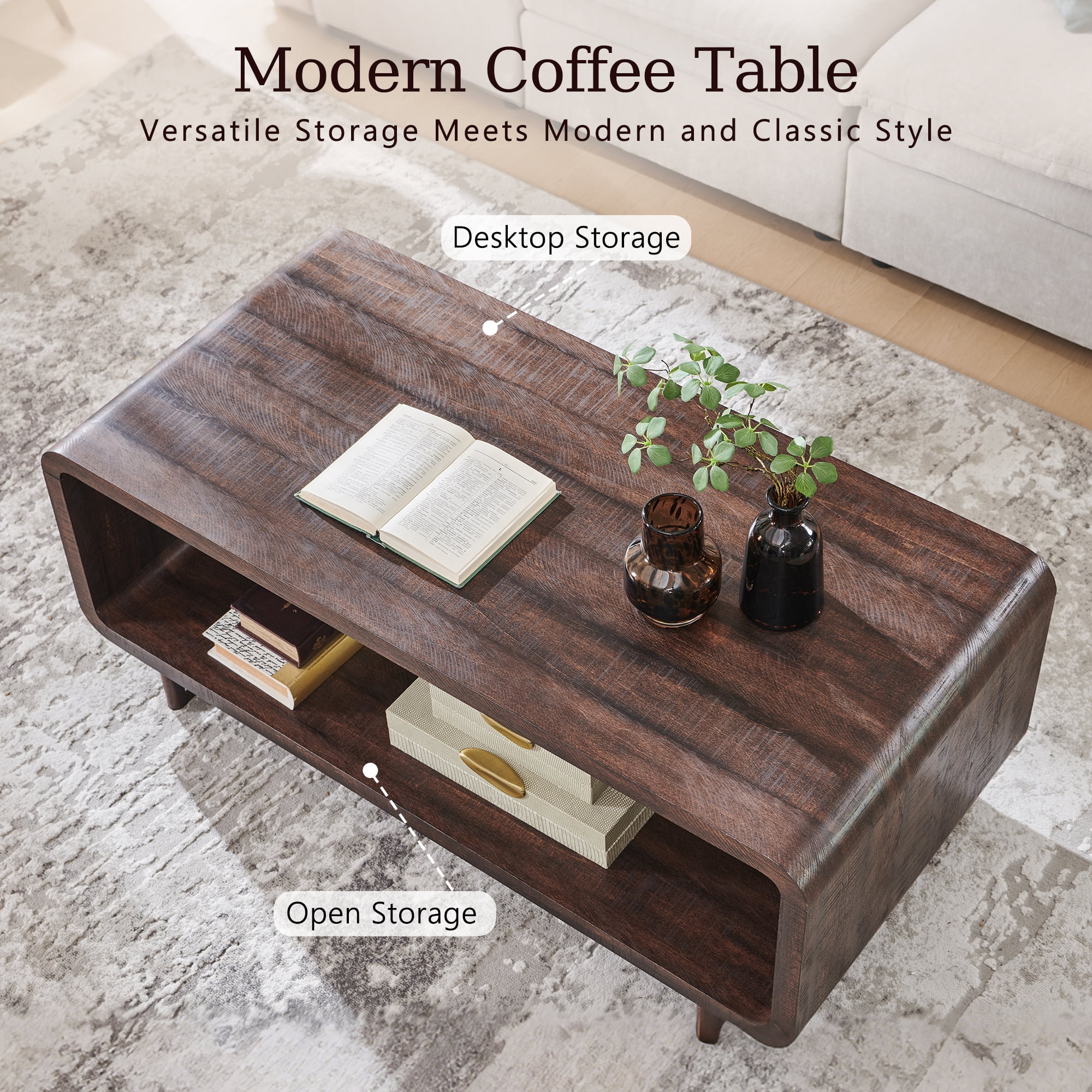SinCiDo Modern Coffee Table with Storage Shelf, 2-Tier Wooden Rectangular Minimalist Center Table, Curved Profile Design for Living Room, Office, Brown