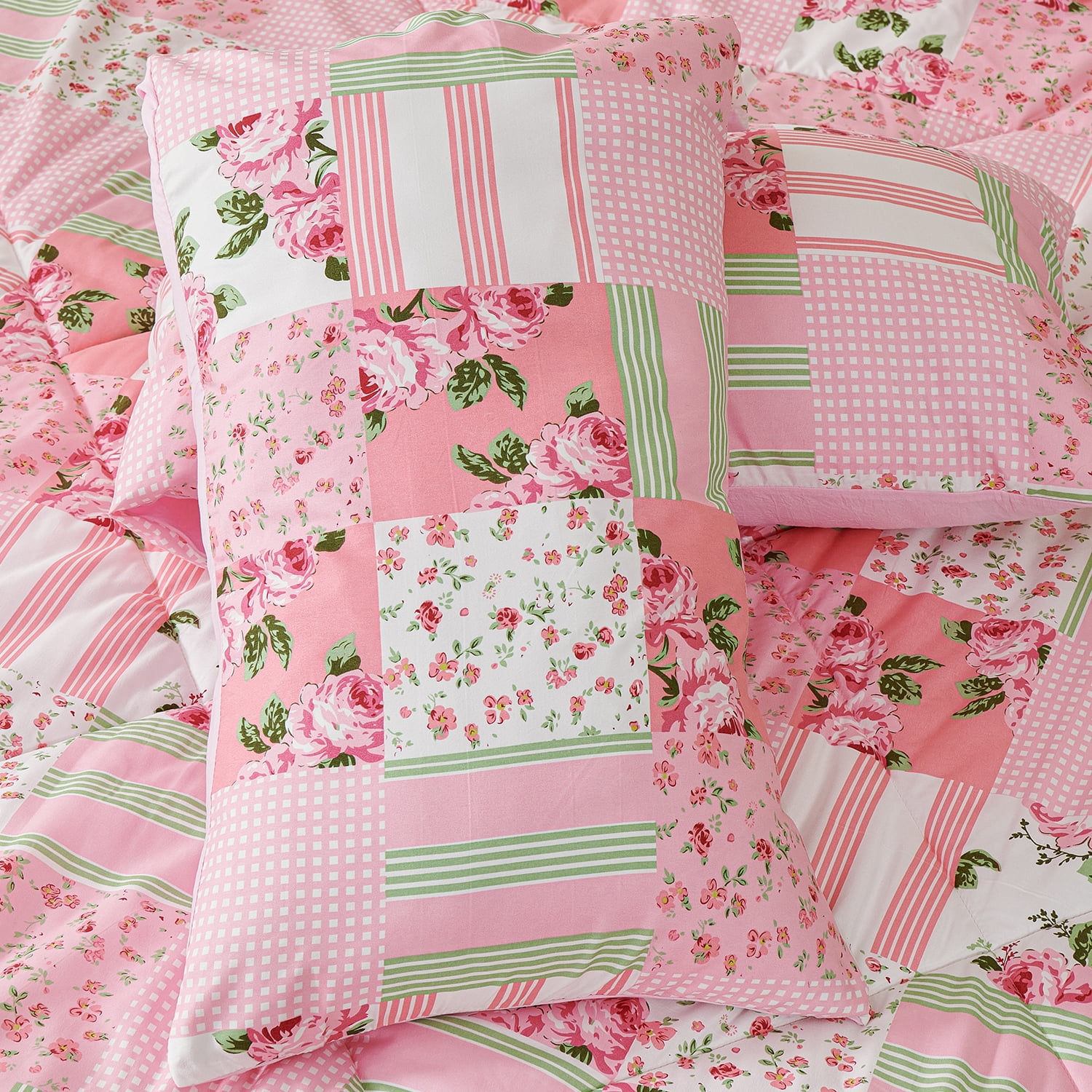 Evenhug Comforter 3-Piece Queen Pink Patchwork Floral Comforter Set With Pillowcases