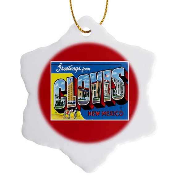 3drose, Greetings from Clovis New Mexico Scenic Postcard Reproduction, 3 inch Snowflake Porcelain Ornament