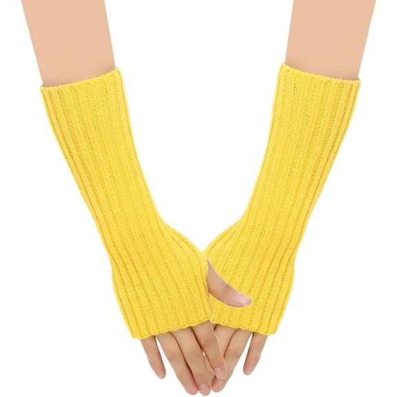 3 Pairs Acrylic Fiber Yarn Knitting Fingerless Gloves Long Ribbed Winter Warm Gloves with Thumb Hole golden 300x65mm