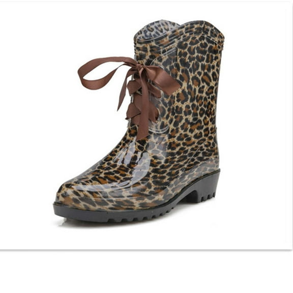 AXXD Rain Boots Women Leopard Print Buckle Side Zipper Lace-up Medium Width Mid-tube Wedge Heel Women Waterproof Shoes New Arrival Size 35(US:5)