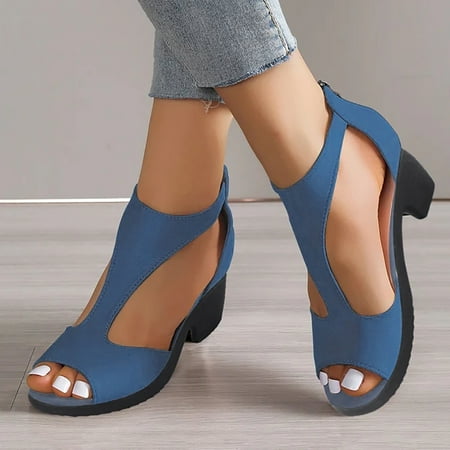 

XIAQUJ New European and American Fashion High Heel Fish Mouth Shoes with Side Air Back Zipper Thick Heel Sandals Sandals for Women Blue 8(40)
