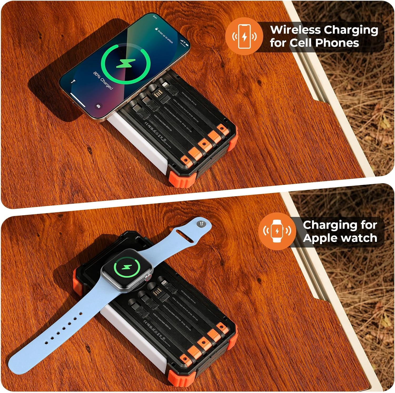 Solar 20000mAh Built-in Cables, Wireless Charger for Phones & Apple Watch, 20W Fast Charging Battery Pack with USB C, Flashlight, Solar Charger for iPhone, iPad, iWatch, Samsung