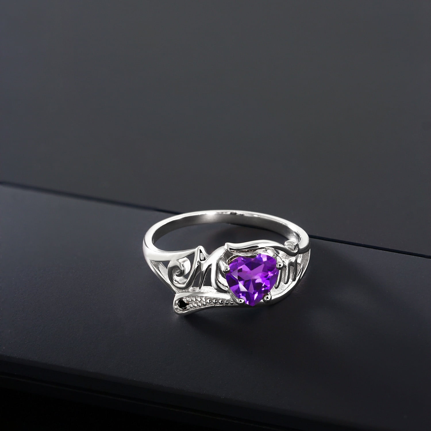 Gem Stone King 925 Sterling Silver Heart Shape Mothers Day Purple Amethyst & Black Diamond Mom Women Ring | 0.41 Cttw | Gemstone Birthstone | Size 5,6,7,8,9