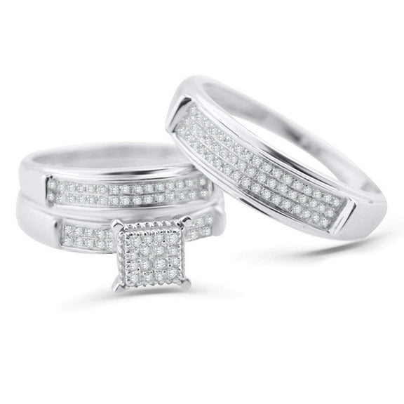 White Gold Trio Wedding Set Mens Women Rings Real 1/3cttw Diamonds Pave (I2/i3 Clarity, I/j Color)