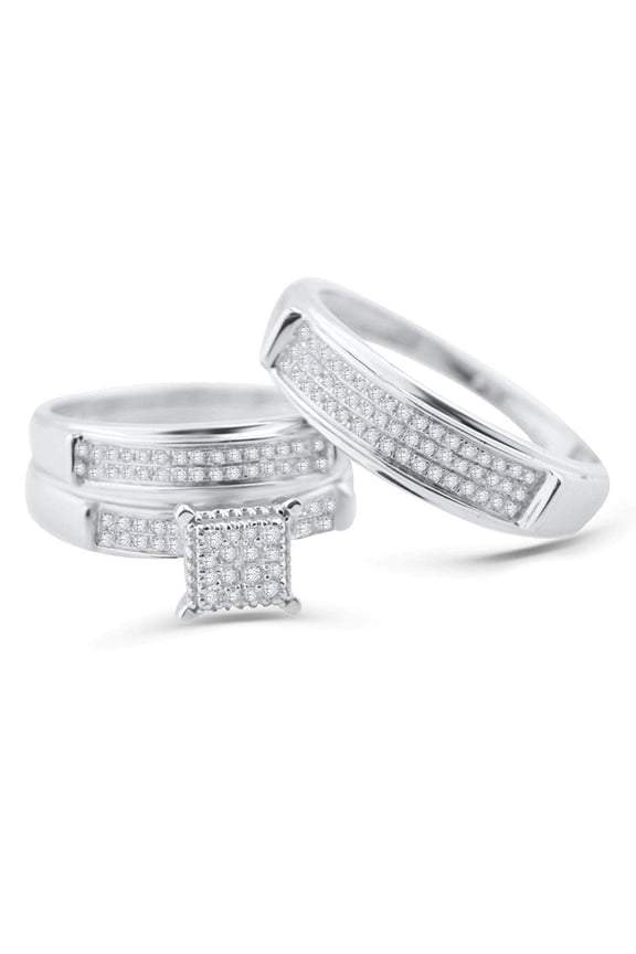 White Gold Trio Wedding Set Mens Women Rings Real 1/3cttw Diamonds Pave (I2/i3 Clarity, I/j Color)