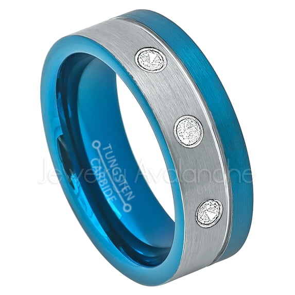 2-Tone Blue Ip Pipe Cut Tungsten Ring - 0.21ctw Diamond 3-stone Band - Personalized Tungsten Wedding Ring - Custom Made April Birthstone Ring TN741BS