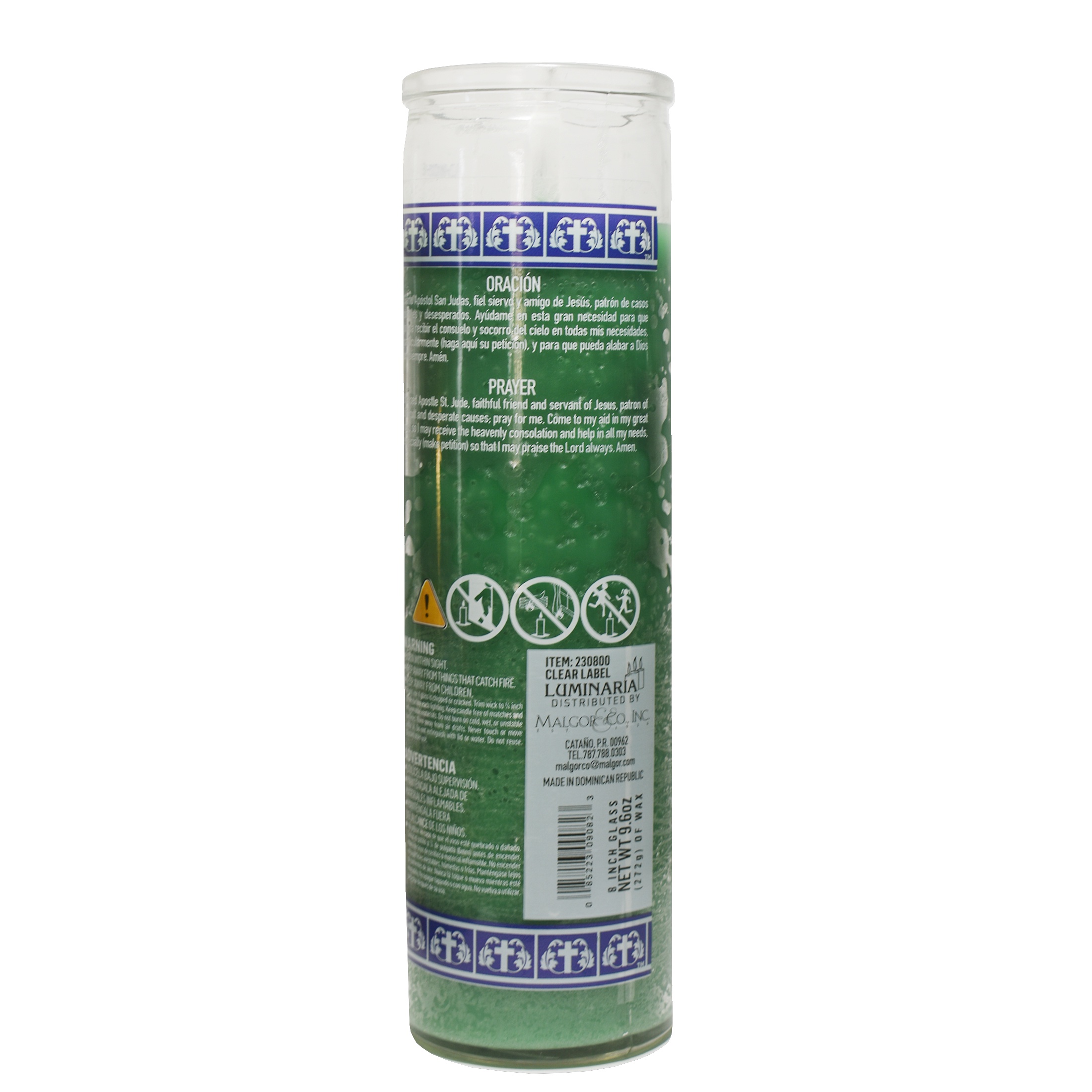 Luminaria San Judas Green Translucent Label Unscented Religious Candle in Glass, 8 inches Tall