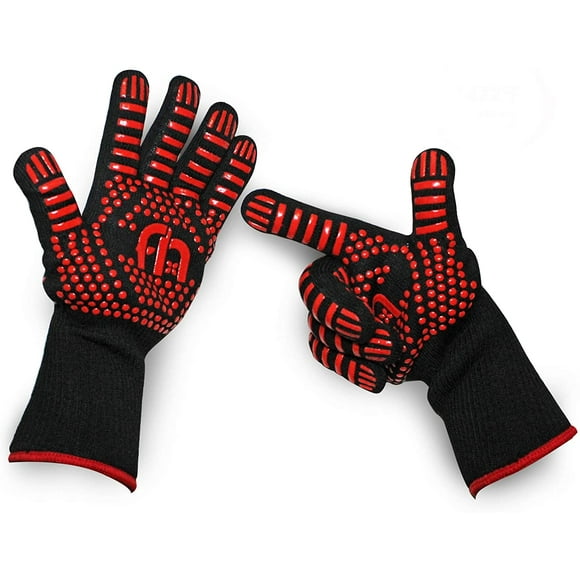 Heat Resistant Gloves - BBQ Grilling Silicone - Mitts for Barbecue, Baking and Cooking in The Oven, Fire, Kitchen or Smoker or just for Charcoal, Wood, Pellets, Stones Outdoor or Fireplace