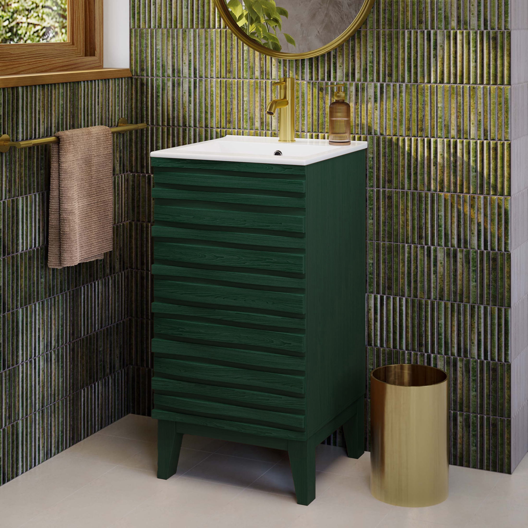 Cascade 18" Freestanding Bathroom Vanity in Green Oak with Sink Top