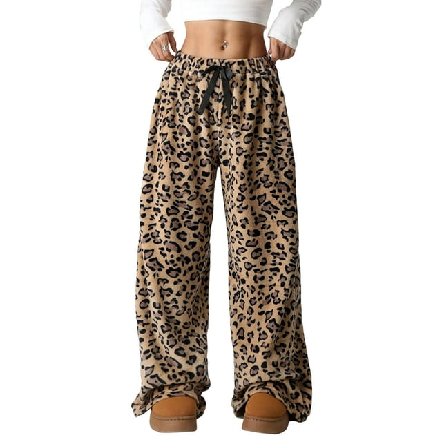 Pantalones de Pijama para Mujer, de Leopardo, Peludos, Estilo Y2K, de Cintura Alta, Bonitos. Marrón Ocre M