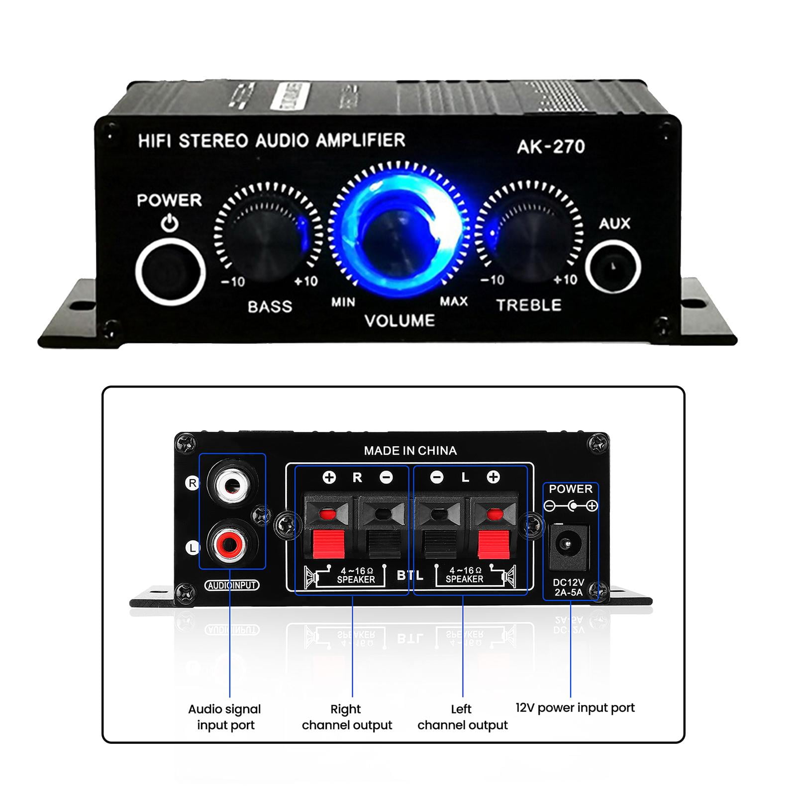 12V 2A Stereo Amplifier, Channel Audio Bass Input 3.5mm AUX, speaker