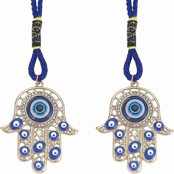 1 Set 2pcs Hamsa Hand Amulet Pendant Hand of Miriam with Evil Eye Hanging Ornament Pendant Decorations Blue Lucky Protection Alloy Enamel Decor Accessories Gift for Car Rear View Mirror Balcony