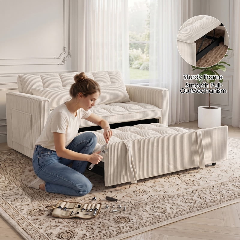 Anpport 54" 3‑in‑1 Convertible Sleeper Sofa Bed, Corduroy Pull‑Out Couch with Adjustable Backrest, Side Pockets & 2 Pillows for Small Spaces, Beige