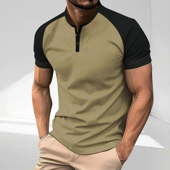 T-shirts for Men Plus Size under $5 Short Sleeved V-neck Color Blocked Button Summer Casual Fitness Sports T Shirt Army Green L