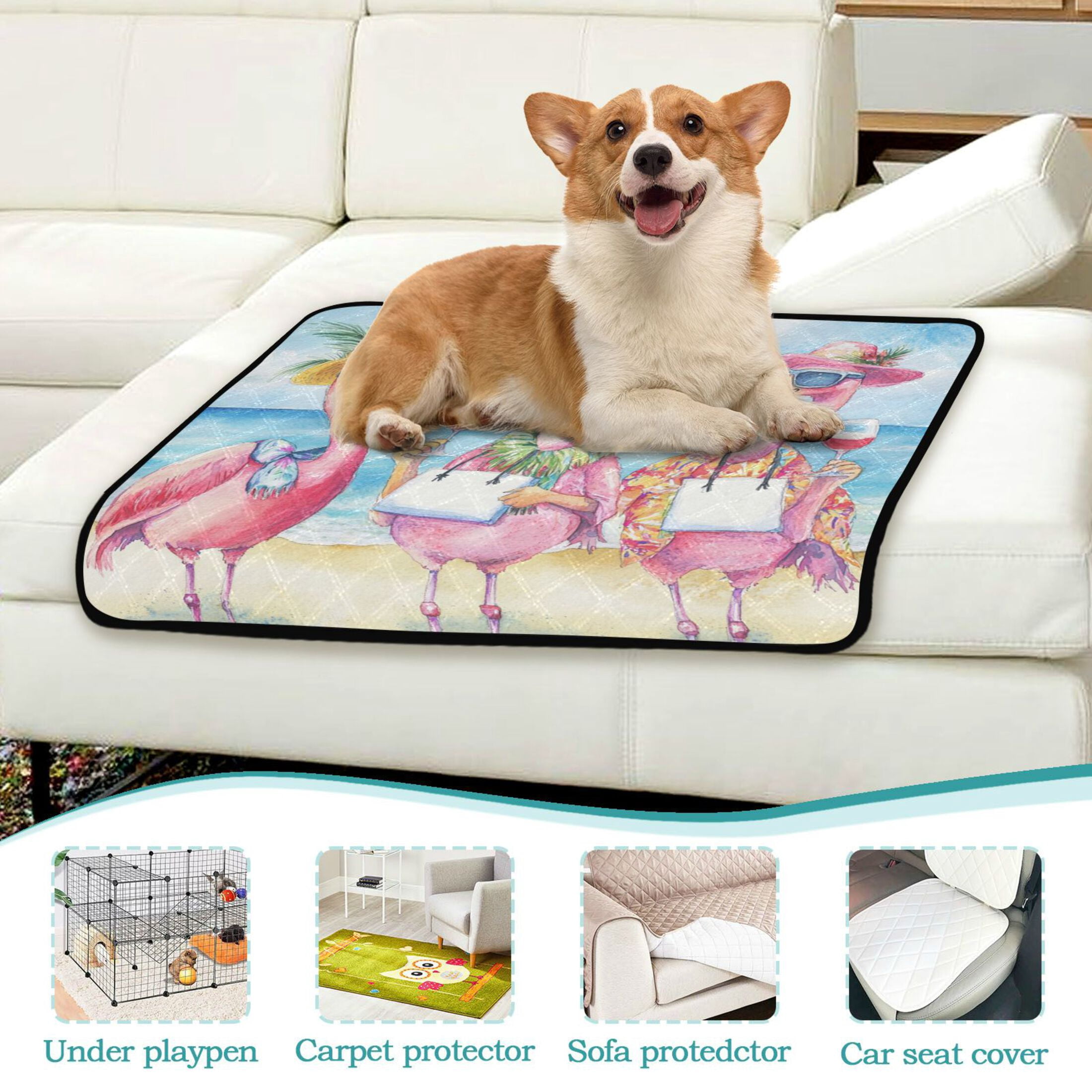 Qxltty Traveling Flamingos Cat litter Pads Pet Set of 2 Diaper Mats Center Anti-leakage Layer Absorbent Soft and Comfortable
