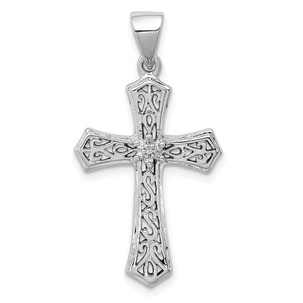 Solid 925 Sterling Silver Diamond Cross Pendant Charm - 33mm x 18mm (.02  cttw.)