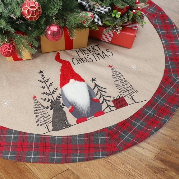 Rongplay 48 Inches Burlap Christmas Tree Skirt with Red Plaid Trim, Swedish Gnome Santa Pattern Rustic Farmhouse Style Xmas Holiday Party Decoration Ornaments