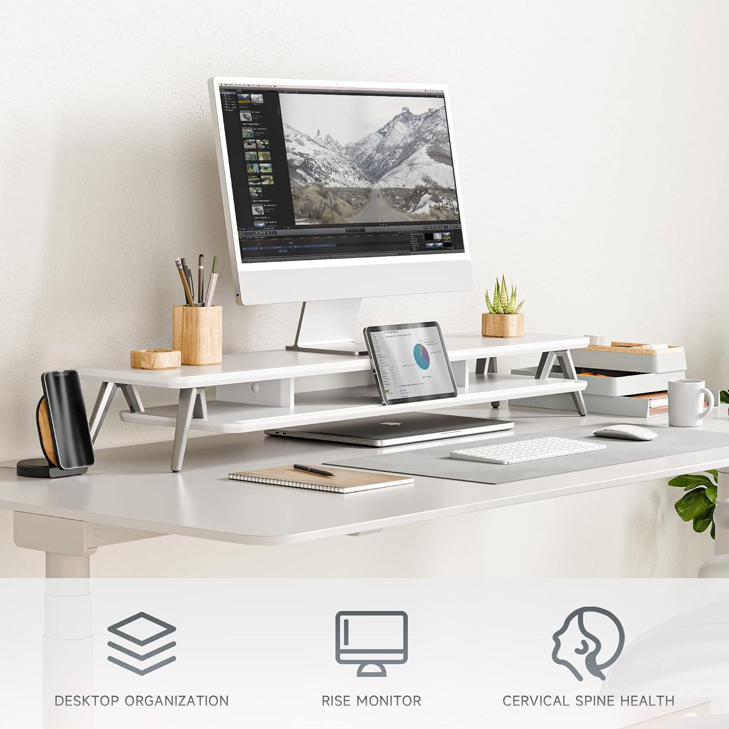 Dual Monitor Stand, Monitor Stands Riser for 2 monitors, 42.5 Inch Wood Desk Shelf with Storage Organizer and Cable Management for Office Desk Accessories