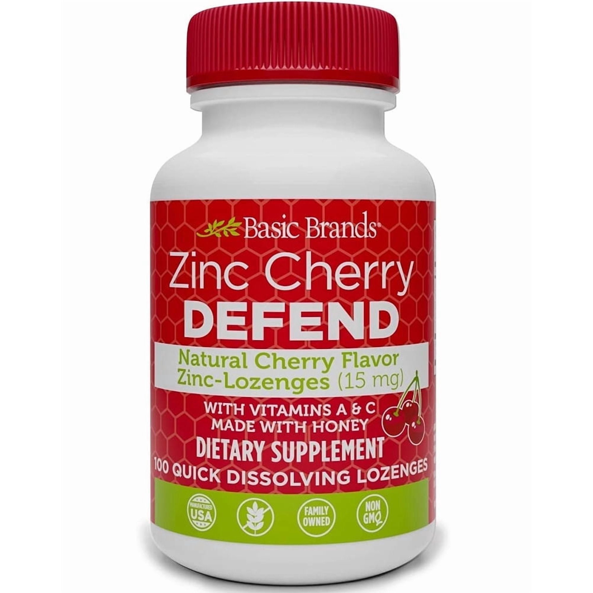 Basic Brands Cherry Flavor Zinc Lozenges for Immune Support, Non-GMO, 100 Count
