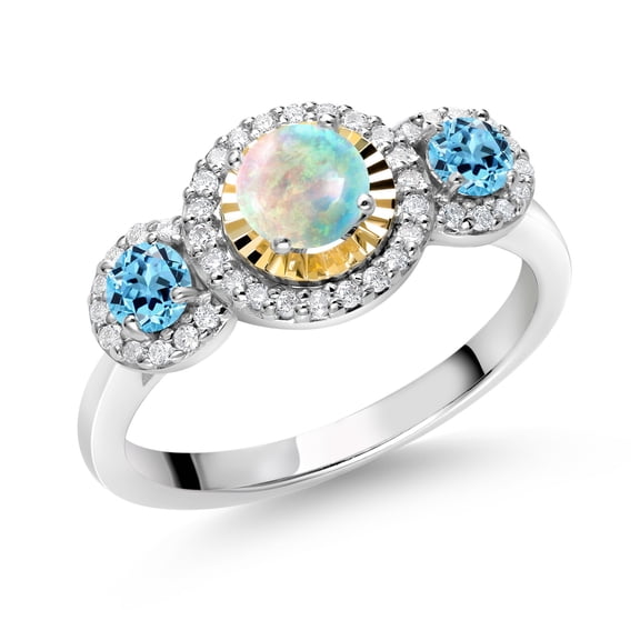 Gem Stone King 0.76 Ct Round Cabochon White Simulated Opal Swiss Blue Topaz 925 Silver and 10K Yellow Gold 3 Stone Women's Lab Grown Diamond Ring (Size 7)