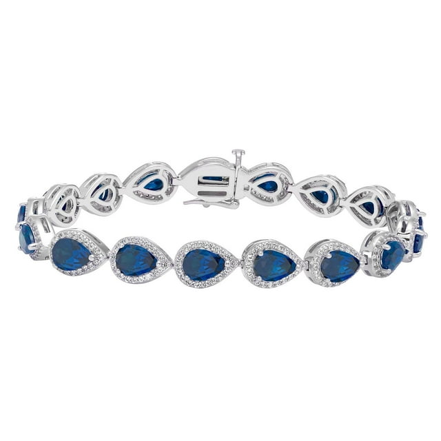 Pear Cut Lab Created Gemstone Halo Tennis Bracelet in Sterling Silver