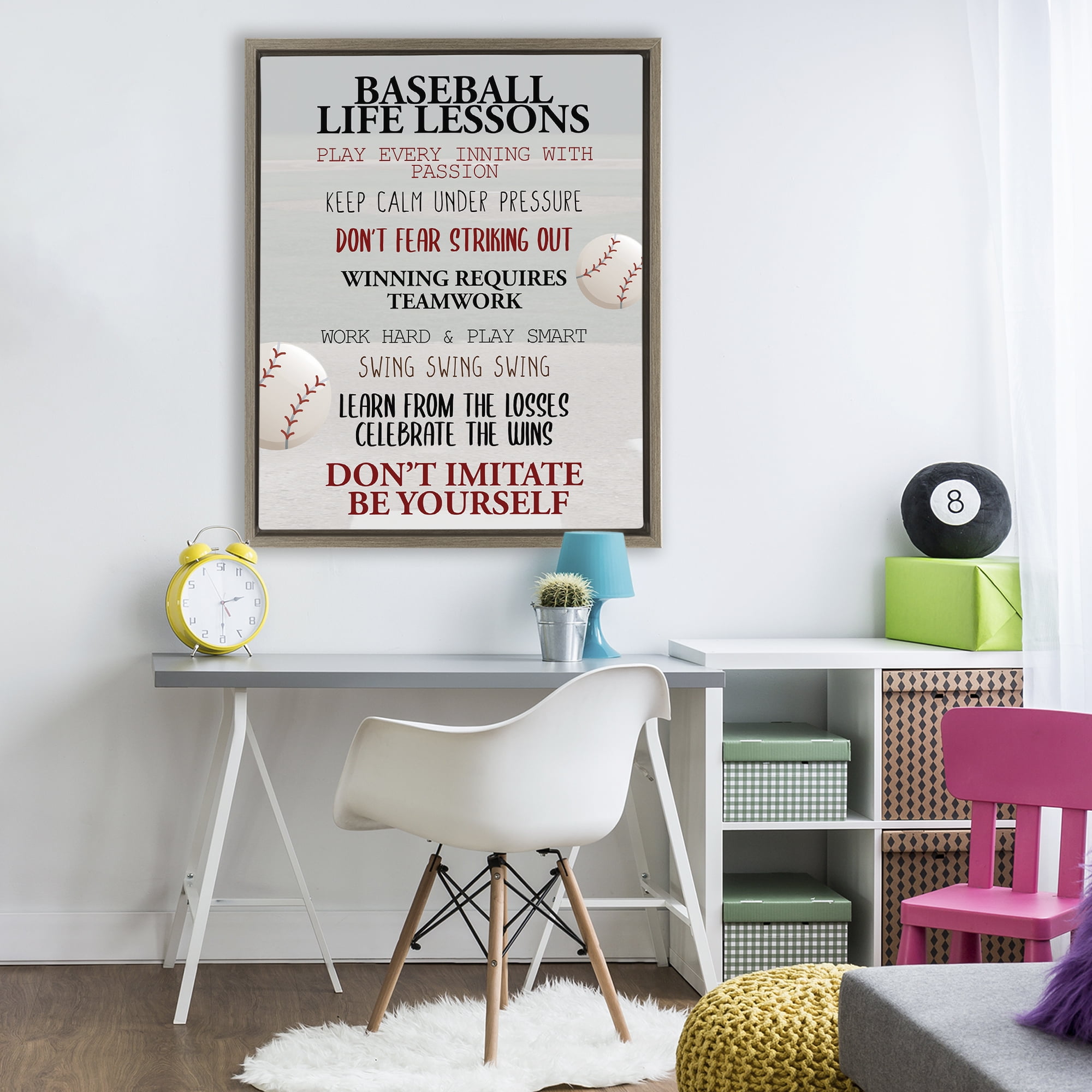 Baseball Life Lessons Brown Framed Floater Canvas Wall Art, design by Kim Allen