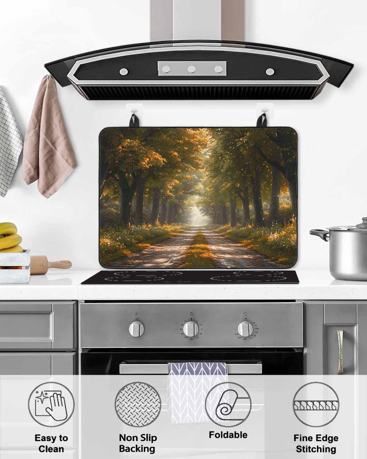 nqOlkjepod Large Induction Cooktop Protector Mat 36"x21", Brown Trees Stove Top Covers for Electric Stove, Forest Art Decor Spring Summer Nature Leaf Stove Burner Cover Mats, Glass Top Stove Cover