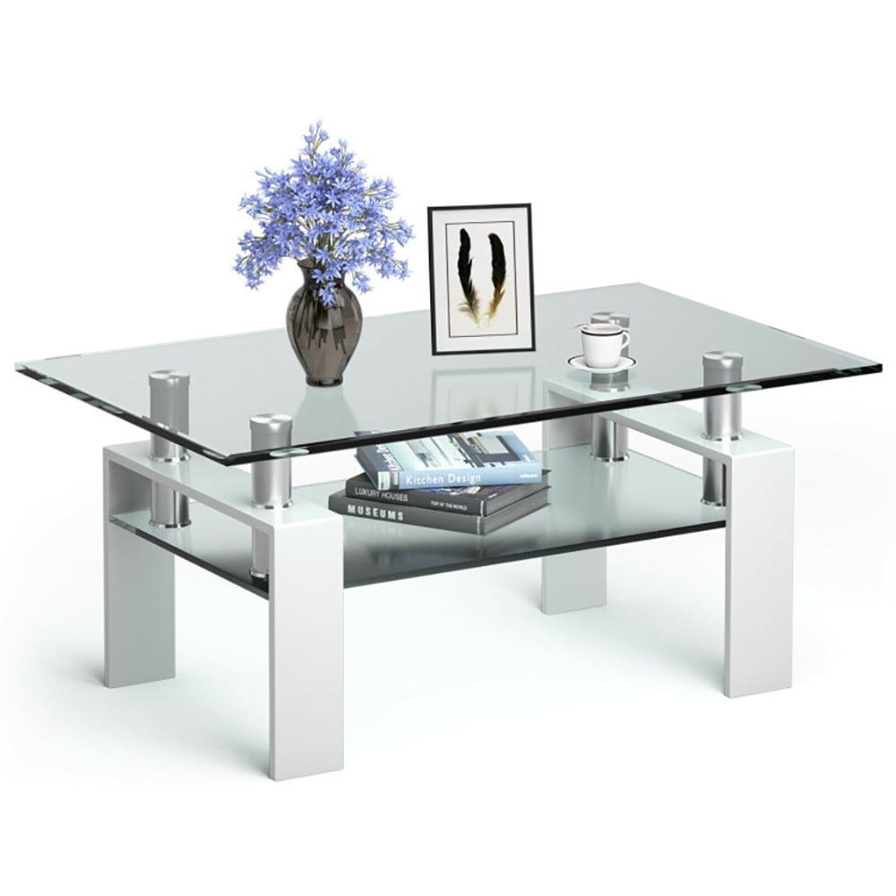 Finihen Glass Coffee Table, Rectangular Coffee Table, Rectangle Glass Coffee Table with Metal Legs, for Living Room, Reception Room, White Finihen Glass Coffee Table, Rectangular Coffee Table, Rectangle Glass Coffee Table with Metal Legs, for Living Room, Reception Room, White