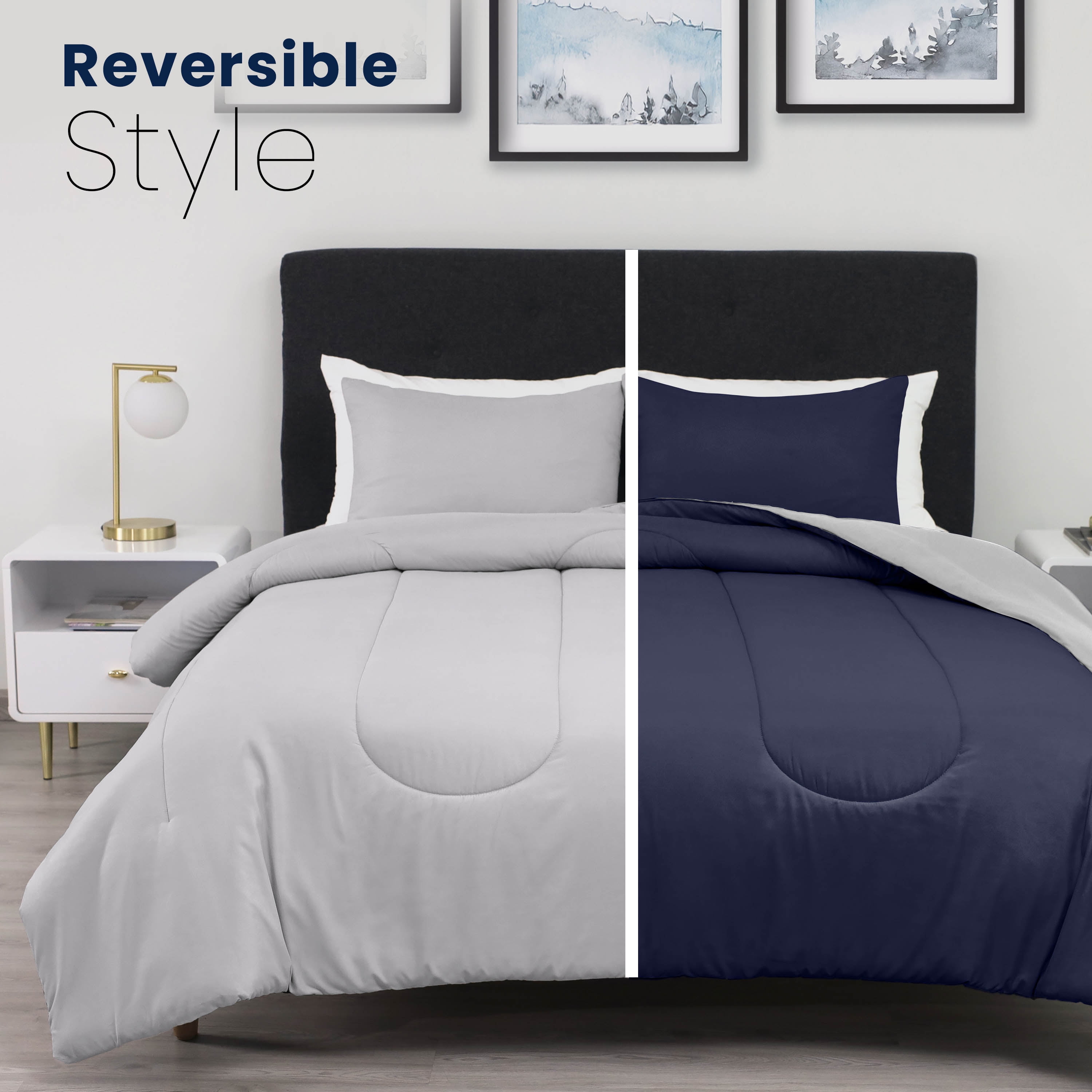 Martex 3-Piece King Reversible Comforter Set | Super Soft Lightweight | Light Grey/Navy