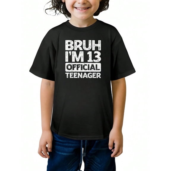 MAWOTEA BRUH I'M 13 OFFICIAL TEENAGER Letter Print Summer Graphic T-shirts for Outdoor Sports and Daily Wearing, Size from 3-13Y