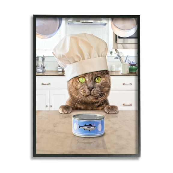 Stupell Industries Cat Chef & Tuna Can Animals & Insects Painting Black Framed Art Print Wall Art, 11 x 14