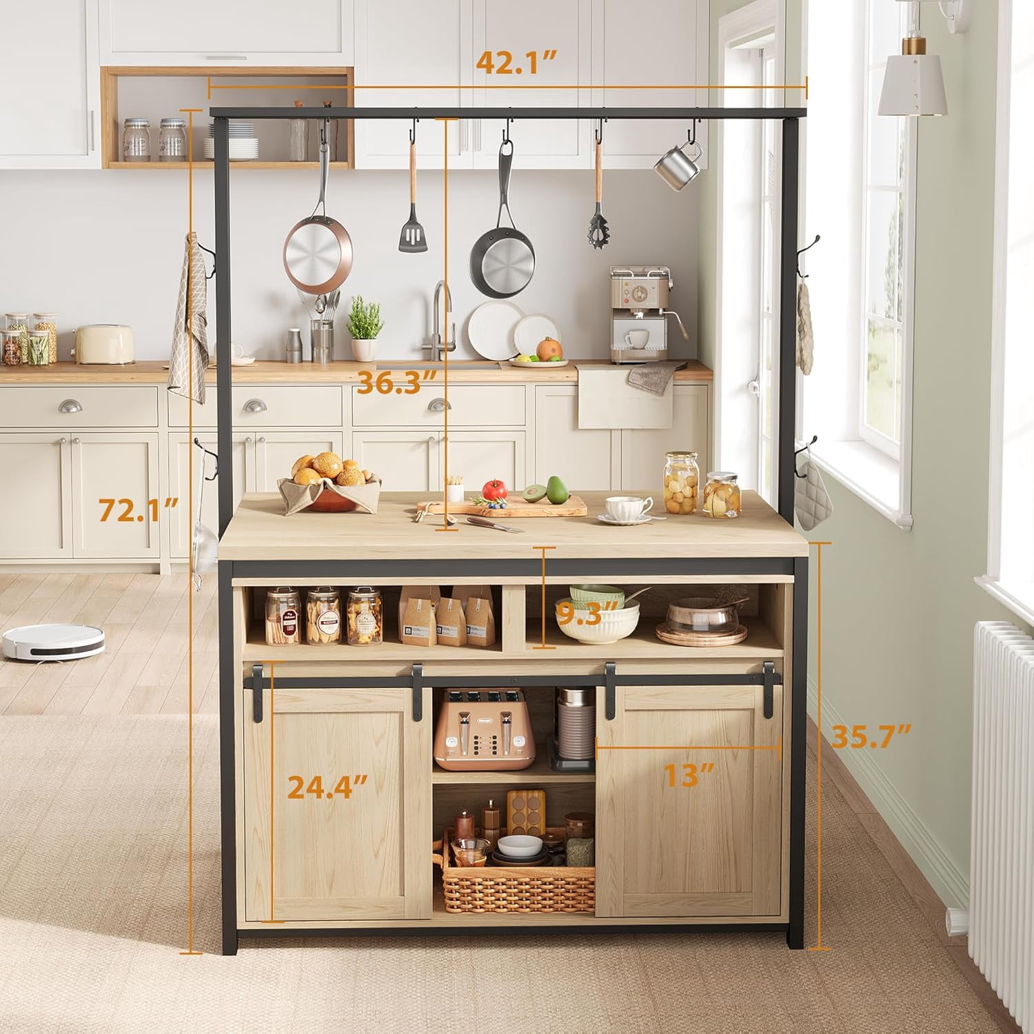 Luku 42" Kitchen Island Storage with Sliding Barn Door, Table Island Kitchen Cabinet with 2 Side Hooks, 3-Tier Shelves, Multi-Functional Dining Storage for Living Room