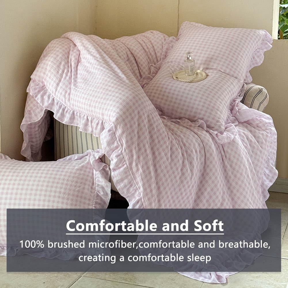 Pink Gingham Ruffle Twin Comforter Set, Pink Ruffled Plaid Bedding Set, Ruffled Checked Bed Comforter 2 Pieces(Pink Gingham, Twin)