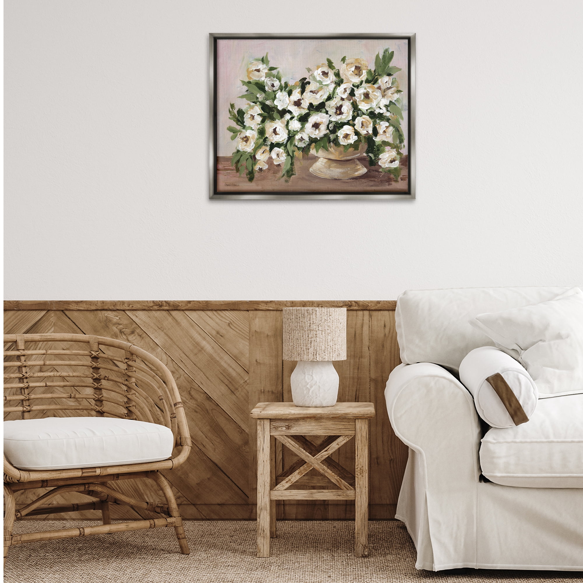 Stupell Industries Traditional Beige Flowers Plants & Flowers Painting Gray Floater Framed Canvas Art Print Wall Art, 31 x 25