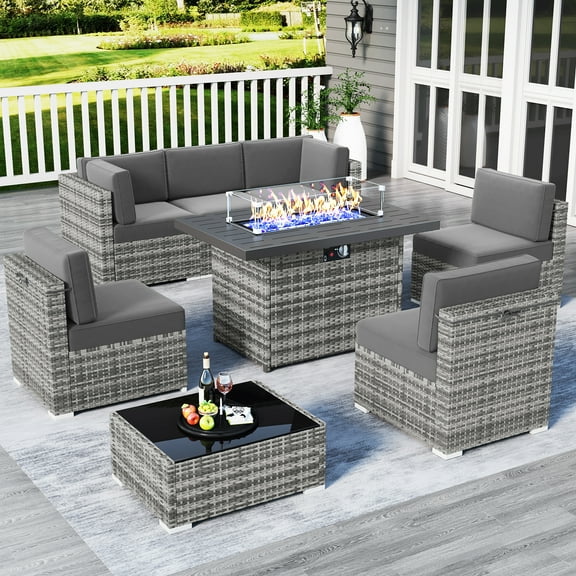 8 Piece Patio Furniture Set with 44" Propane Gas Fire Pit Table, Outdoor Sectional Conversation Set Wicker Rattan Sofa Set with Coffee Table