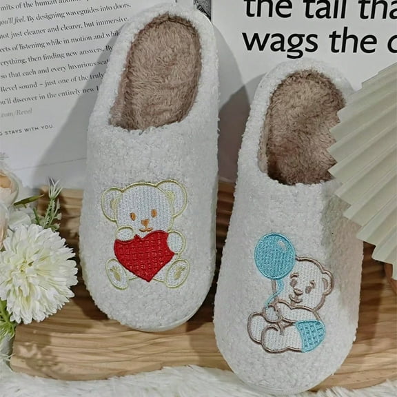 Cute Bear Plush Slippers, Warm Indoor House Shoes, Unisex, Non-Slip
